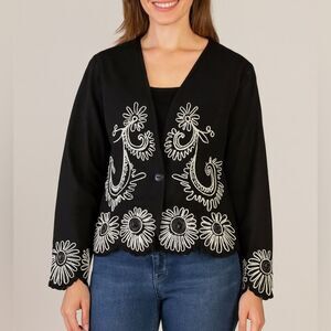 Marisol Front Button Black/White Beaded Floral Crop Artsy Women’s Blazer Size L